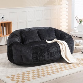 MOONMISS Bean Bag Sofa, Comfy Loveseat Sofa with 2 Pillows, Soft Giant Bean Bag Chair, Cozy Round Lazy Couch with Wide Backrest for Living Room, Reading Room and Bedroom, Black
