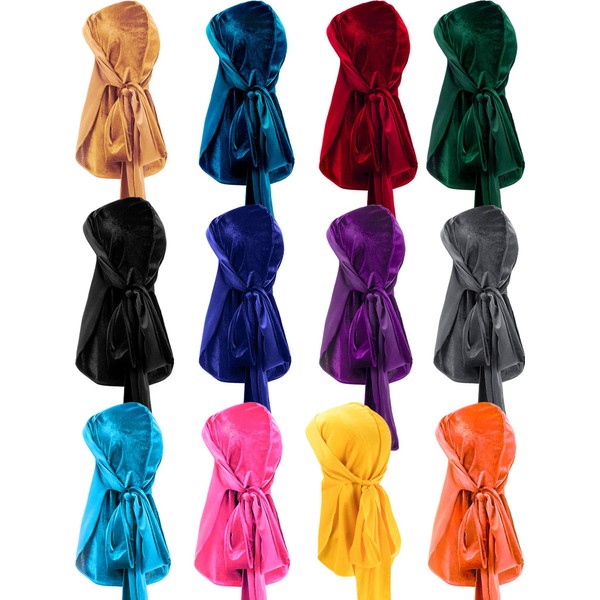 12 Pieces Velvet Durags Caps Wide Strap Headwraps Long Tail Turban Beanies for 360 Wave Men Women (Multicoloured)