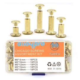 90 Sets Chicago Screws Assorted Kit 5 Sizes Golden Leather Rivets 5mm Screw Rivets Flat Fillister Book Binding Posts Nail Rivet Chicago Bolts for DIY Leather Craft Bookbinding (6,10,12,15,18mm)
