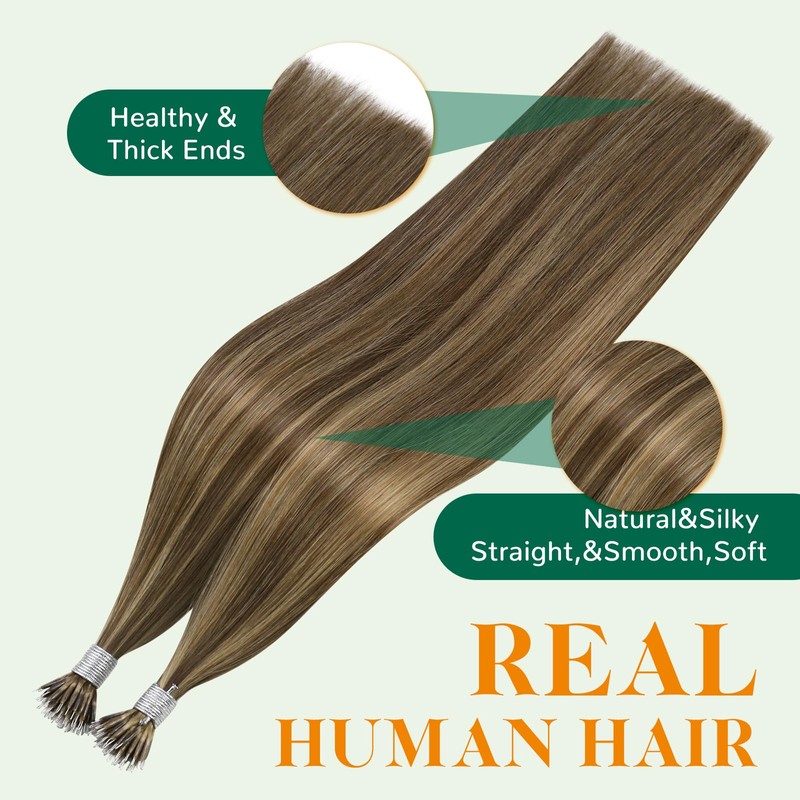 Easyouth Nanos Bead Hair Extensions Human Hair Brown Highlights 18