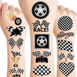 Funny Race Car Checkered Flags Temporary Tattoos Stickers Themed Birthday Party Supplies Decorations Decor Favors 87 PCS Black and White Racing Tattoo Sticker Gifts For Kids Boys Girls Prizes