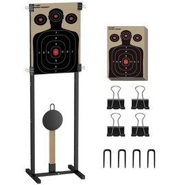 Balie Space 2-in-1 Shooting Target Stand Holder with 10pcs 17x25 Inch Paper Targets for Outdoor, Heavy Duty Range Base Adjustable Width from 8" to 24" for Cardboard Silhouette and Steel Target, Black