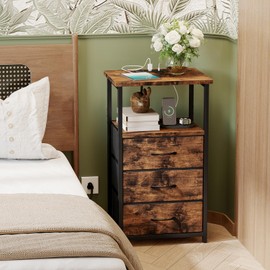 Fixwal Night Stand with 3 Fabric Drawers, Tall Nightstand for Bedroom, Bedside Table with Charging Station End Table with Storage, Rustic Brown