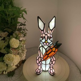 Bieye L10949 Bunny Holds Carrot Tiffany Style Stained Glass Accent Table Lamp for Easter Decor (Pink)