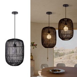 Arturesthome Black Rattan Pendant Light Fixture, Farmhouse Natural Boho Chandelier Ceiling Lighting, Retro Wicker Hanging Lamp for Kitchen Island