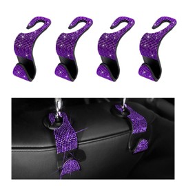 Gasedin 4PCS Bling Car Seat Headrest Hooks, Auto Back Seat Hanging Storage Organizer for Purse Handbag Coat, Rhinestone Vehicle Seat Hanger Holder for Women Girls, Car Accessories (Purple)
