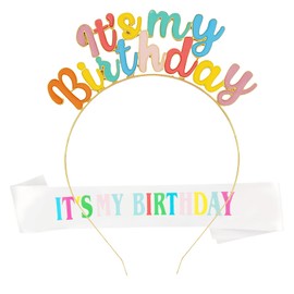 AYNKH Birthday Decorations for Girls, Queen Birthday Sash and Tiara, Colourful Letter Crown Headband, Princess Party Accessories for Adults, Children