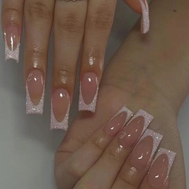 White French Press on Nails Medium Length Ballet Shaped False Nails Artificial Acrylic Nails Glitter Powder Design French Fake Nails Full Cover Glossy Reusable Coffin Nails Glue on Nails for Women