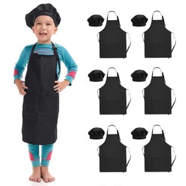 Hi loyaya 6 Pack Black Kids Apron and Chef Hat, Adjustable Painting Aprons Sets with Pockets For Kids Children Girl Boy Cooking Baking (Black, M)