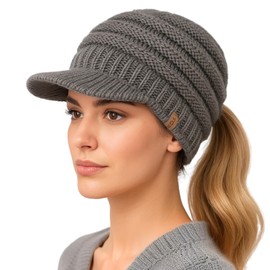 TOP-EX Chicpony Beanie Women's Wool Warm Winter Hat with Fleece Lining Knitted Hat with Peak Ponytail, 96589_Grey, Unit size