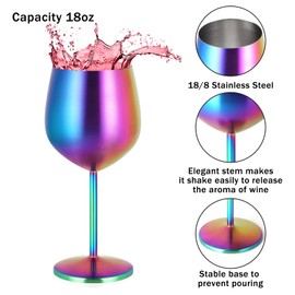 Lifecapido - Juego de 4 copas de vino de acero inoxidable coloridas de 18 onzas, copas de vino de metal con tallo con cepillo para polvo para tazas, para fiestas, oficina, aniversario de boda, ideal