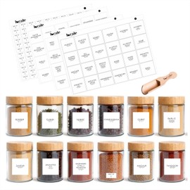 12 pcs Glass Spice Jars with Bamboo Lids - 8oz Spice Containers with 360 Spice Labels, Expiration Date Stickers & Measuring Spoon - Kitchen Organization & Storage Set for Herbs, Seasonings & Spices