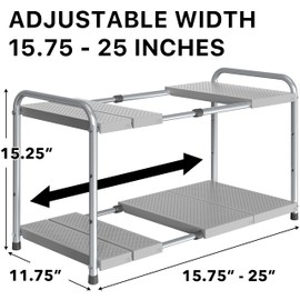 Simple Houseware Under Sink 2-Tier Heavy Duty Expandable Rack Organizer, Adjustable Width 15.75–25 Inches with 4 Shelf Height Levels, Silver