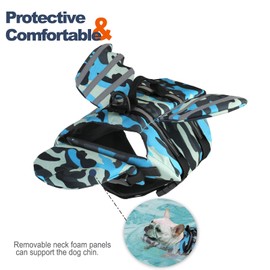 Petglad Dog Life Jacket, Wings Pet Life Vest, Reflective Dog Flotation Swim Vest with Handle and Chin Float for Boating Surfing Swimming, for Puppy Small Medium Large Size Dogs - Blue Camo, S