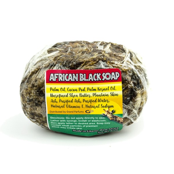 Grand Parfums Raw African Black Soap - Face & Body Wash, 4-5 Oz Organic Beauty Bar - Pure & Natural Ingredients - Authentic Quality, Imported from Ghana Distrib (1 Bar of African Black Soap)