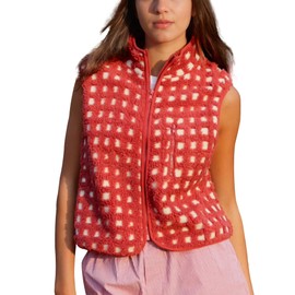 SeeLuNa Womens Checkered Sherpa Vest Sleeveless Winter Fleece Jacket High Neck Zip Up Plaid Gilet with Chest Pocket(Red,S)