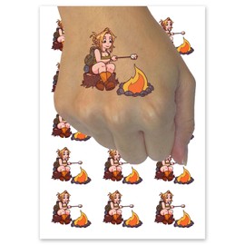 Cute Camper Girl Roasting Marshmallows Camping Fire Temporary Tattoo Water Resistant Fake Body Art Set Collection - 15 2" Tattoos (1 Sheet)