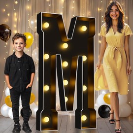 Pooqla 4 FT Marquee Light Up Letters, Black Marquee Letter Lights 4 Feet Tall, Giant Letter Sign Big Mosaic Letters for Balloons Birthday Party Anniversary Wedding Decorations, Warm White Letter M