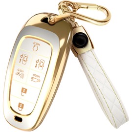 for Hyundai Palisade Key Fob Cover and Leather Keychain - TPU Key Case for Hyundai Santa Fe, Sonata, Ioniq 5, Tucson - 2019-2024 Keyfob Cover for TQ8-F08-4F28 - White and Gold