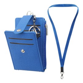 SUIKIHUM 2 in 1 Small Credit Card Wallet & ID Badge Holder, PU Leather Card Holder Neck Lanyard for Offices - 5 Card Slots, 2 ID Window, 1 Zipper Pocket, Blue