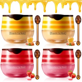4PCS Strawberry & Honey Lip Balm, Hydrating Propolis Sleeping Mask, Moisturizing & Prevention Dry and Cracked Scrubs Exfoliator, Repair Nourishes the Skin