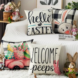 Volcanics Set of 4 Easter Pillow Covers 20x20 Inch, Hello Easter Buffalo Plaid Bunny Eggs Throw Pillow Covers, Welcome Peeps Spring Cushion Cases, Farmhouse Easter Home Decor for Sofa Couch