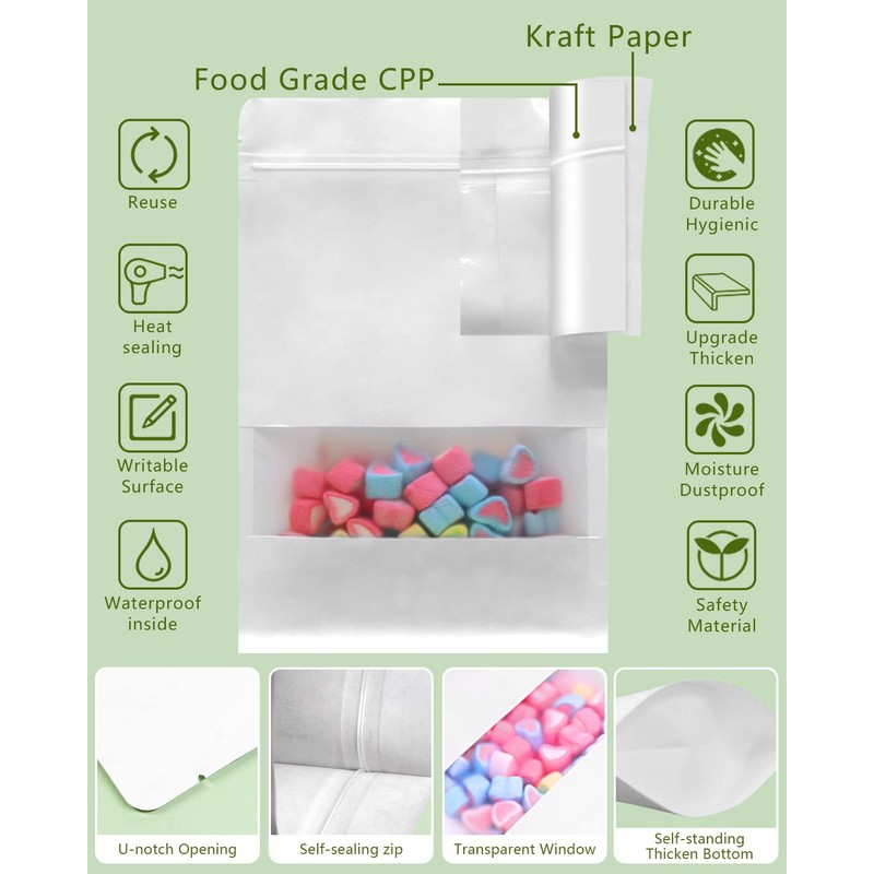 SumDirect 50Pcs White Kraft Zip Lock Stand Up Bolsas de