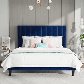 SHA CERLIN Full Bed Frame/Velvet Upholstered Platform Bed Frame with Headboard/Strong Wood Slats Support/Mattress Foundation/No Box Spring Needed - Dark Blue