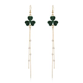 Clearine St Patricks Day Shamrock Earrings Enamel Crystal Drop Hook Tassel Dangle Earrings Holiday Jewellery Gift for Women Emerald Green Gold-Tone