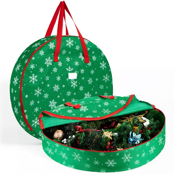 Joiedomi Bolsa de almacenamiento de corona de Navidad de 30 pulgadas (verde), contenedor de guirnalda con patrón de copo de nieve con asas resistentes, material Oxford, ranura para tarjetas y cierre doble para día festivo de Navidad