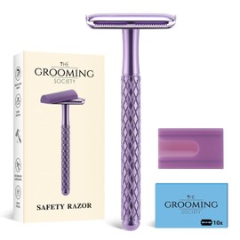 Maquinilla de afeitar de seguridad de doble filo para mujeres de The Grooming Society, color morado, con 10 hojas y cubierta de silicona, de metal duradero, ecológica, de una sola hoja, para un afeita