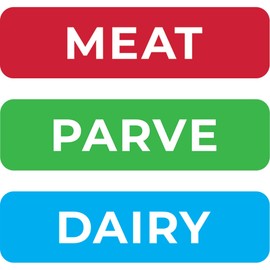 The Dreidel Company Kosher Labels, 8 Blue Dairy, 8 Red Meat, 8 Green Parve Stickers, Ovenproof Upto 500°, Freezable, Microwavable, Dishwasher Safe, English, Color Coded Kitchen Tools (Rectangle)