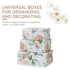 Soul & Lane Decorative Storage Cardboard Boxes with Lids | Midnight Gardenia - Set of 3 | Black Dramatic Paperboard Nesting Boxes