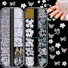 NAFIGO 3D Mix-sized Acrylic White Flowers Nail Charms Polar Butterfly Bear Spring Blossom Flower with Starry AB Crystals Rhinestones Pearls Mix Gold for Art DIY Crafting Designs