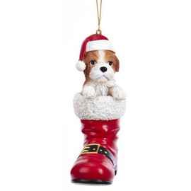 Holiday Ornaments Shih Tzu in Santa Boot, 4.75", Polyresin, Pet Parade, Decorative Hanging Ornaments, D3449sh Beige