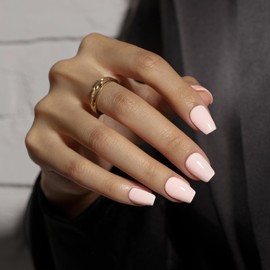 KQueenest Nude Pink Press On Nails Short - Summer Press On Nails Coffin, Sheer Light Nude Fake Nails with Glue, Glossy Natural Fit, Ballerina Reusable Soft Gel Glue on Nails for Women, 30 Pcs