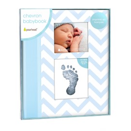 Pearhead Chevron Baby Memory Book with Clean Touch Ink Pad to Create Handprint or Footprint, French Version, Blue