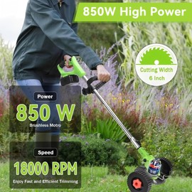 TWEFGFT Electric Weed Wacker Cordless String Trimmer with Wheels Cordless Lawn Trimmer Weed Eater with 2 Battery & 4 Cutting Blade Types for Lawn Yard Garden Bush Trimming & Pruning