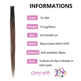 Dsoar Clip-In Dreadlock Extensions, 24 Inches, 3 Pieces, Handmade 0.6 cm, Synthetic Dreads with Clips, Soft Crochet Curls Extensions