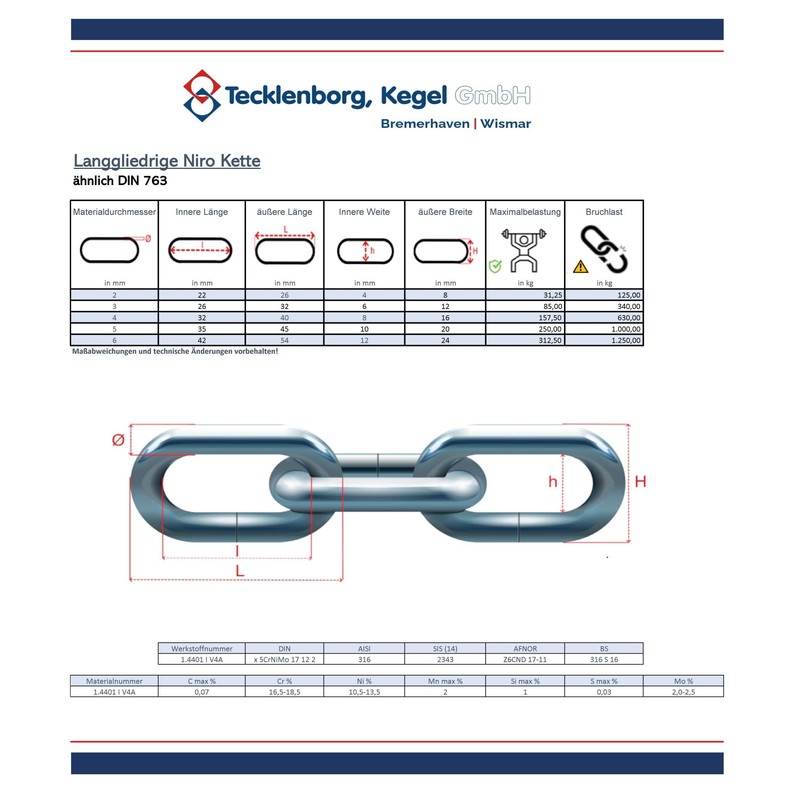 Tecklenborg Stainless Steel Long Link Chain Similar to DIN763 5