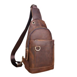 Le'aokuu Men's Leather Fashion Casual Tea Designer Travel Hiking Crossbody Chest Shoulder Bag Rig One Shoulder Strap Bag (8016 Brown)