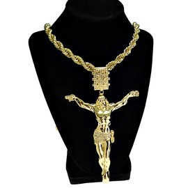 Bling Cartel 14k Gold Plated Huge Jesus Body Pendant w/Gold Finish 30" x 10MM Rope Chain Hip Hop Rapper Necklace