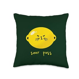 Sour Puss Cat Face On Lemon Cute Grumpy Sourpuss Curmudgeon Throw Pillow