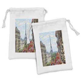 Lunarable Paris Fabric Pouch Set of 2, Street in Paris Town Traffic Trees Downtown Urban Life Monument Scenery, Small Drawstring Bag for Toiletries Masks and Favors, 9" x 6", Blue Vermilion Green