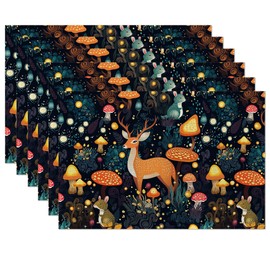 Fantasy Mushroom Forest Placemats Set of 6,Deer Bunny Place Mats Heat Resistant Washable Non-Slip Table Mats for Party Kitchen Dining Decor 12x18 Inch