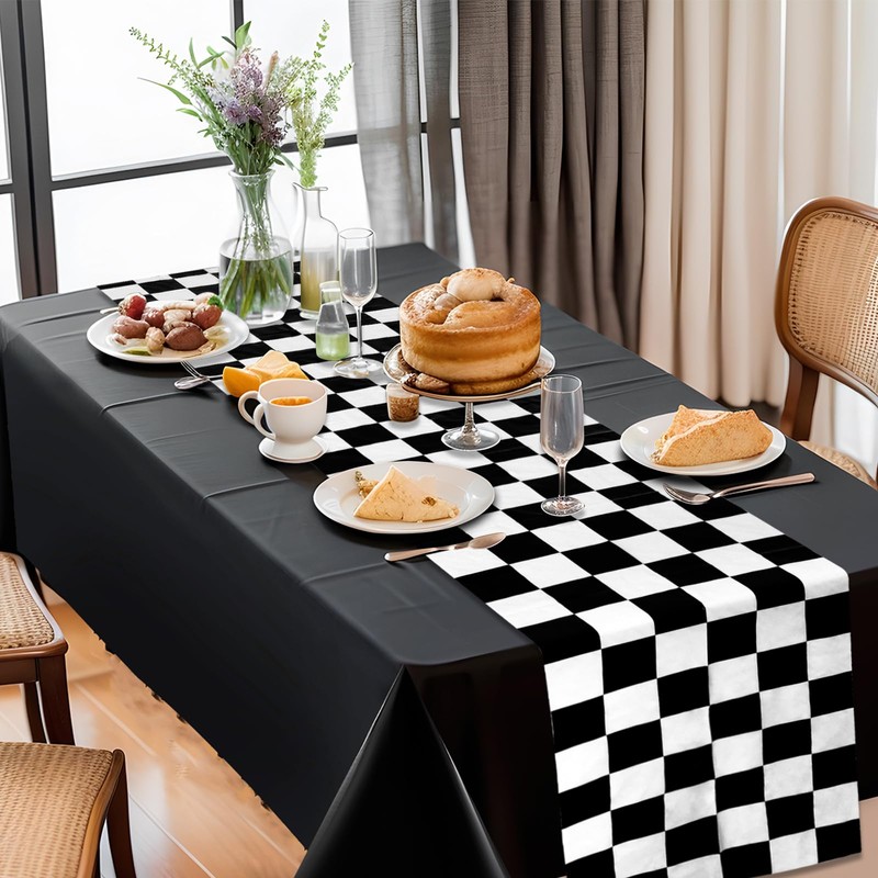 DEMIUKO 6PCS Checkered Table Runner Black White Party Table Decor