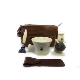 G.B.S Men's Deluxe Grooming Ivory Set- 5 Blade Razor with Case, Badger Bristle Brush + Stand, 4.5" Diameter Ceramic Mug, Toiletry Travel Bag + Natural Glycerin Shave Soap and Shaving Kit