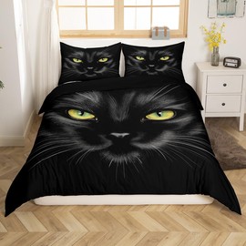 Erosebridal Animal Duvet Cover Full Size Pet Cat Comforter Set Black Cat with Yellow Eyes Printed Bedding Set for Girls Boys, Bed Decor 3 Pcs with 2 Pillowcases, Zipper Closure