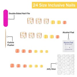 Press on Toenails Short Square OFDNE Flower Press on Nails Toes Orange Yellow Press on Toe Nails with Floral Designs Glossy Glue on Toenails Acrylic Toenails for Women Girls 24Pcs