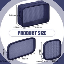 4 Pcs Mesh Makeup Bag Mesh Cosmetic Bag Travel Toiletry Bag Pouch with Zipper Mini Portable Makeup Cosmetic Travel Toiletry Purse Bag for Daily Toiletries Accessories (Navy Blue, Small, Large, Medium)